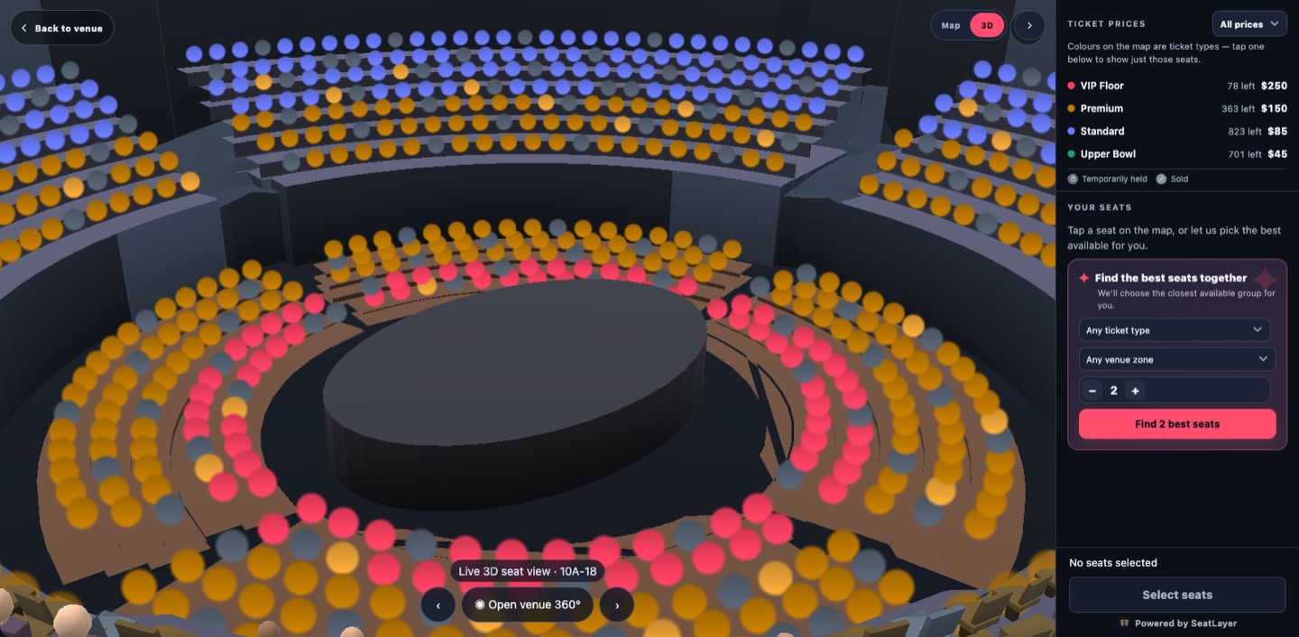 A 3D seat map of an arena bowl in the SeatLayer buyer picker, seats coloured by ticket type across tiers around the floor, derived from the published seating chart