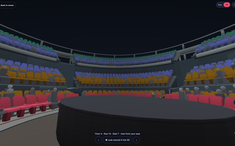 3D seat view from Floor A, Row 1A, Seat 7: arena floor