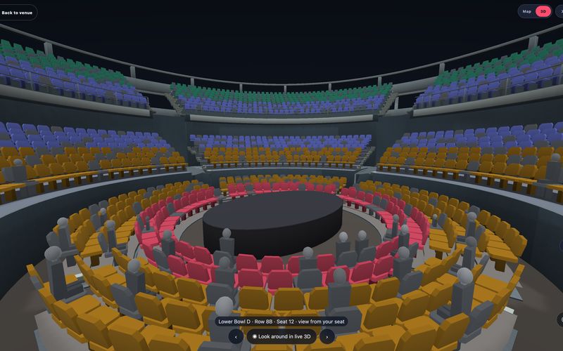 The live 3D view from Lower Bowl D, Row 8B, Seat 12, Arena Bowl
