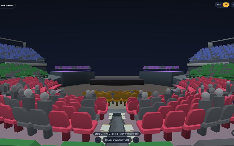 3D seat view from Stalls D, Row C, Seat 6, front row