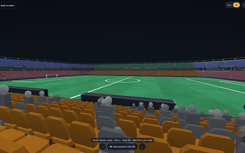 3D seat view from South Stand Lower, Row L: stadium, lower tier