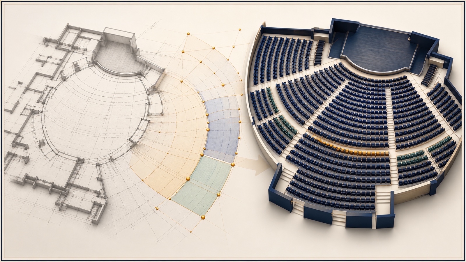 Architectural venue floor plan transforming into structured curved theatre seating with highlighted editable rows