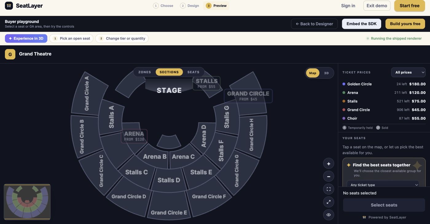 SeatLayer reserved-seating buyer map showing named sections, seat categories, and live availability