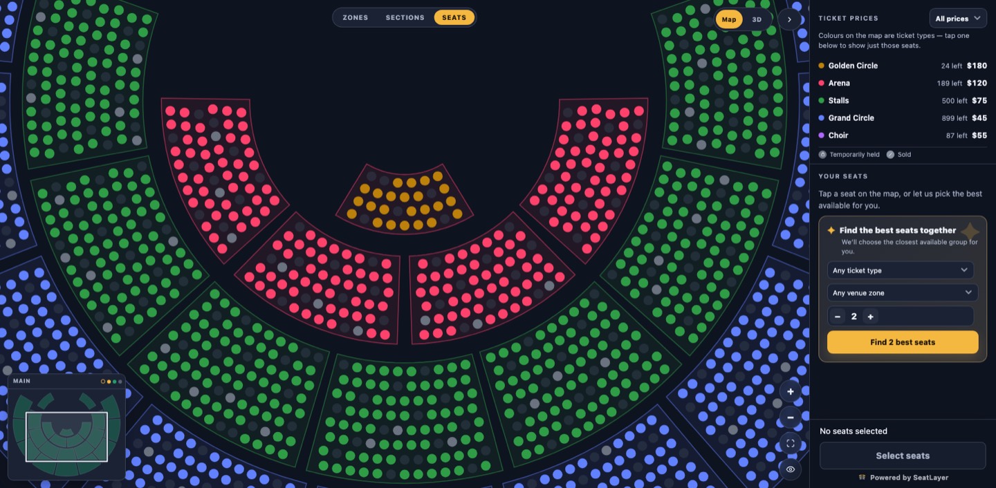 SeatLayer interactive seating chart with ticket categories, live availability, and best-available seat selection