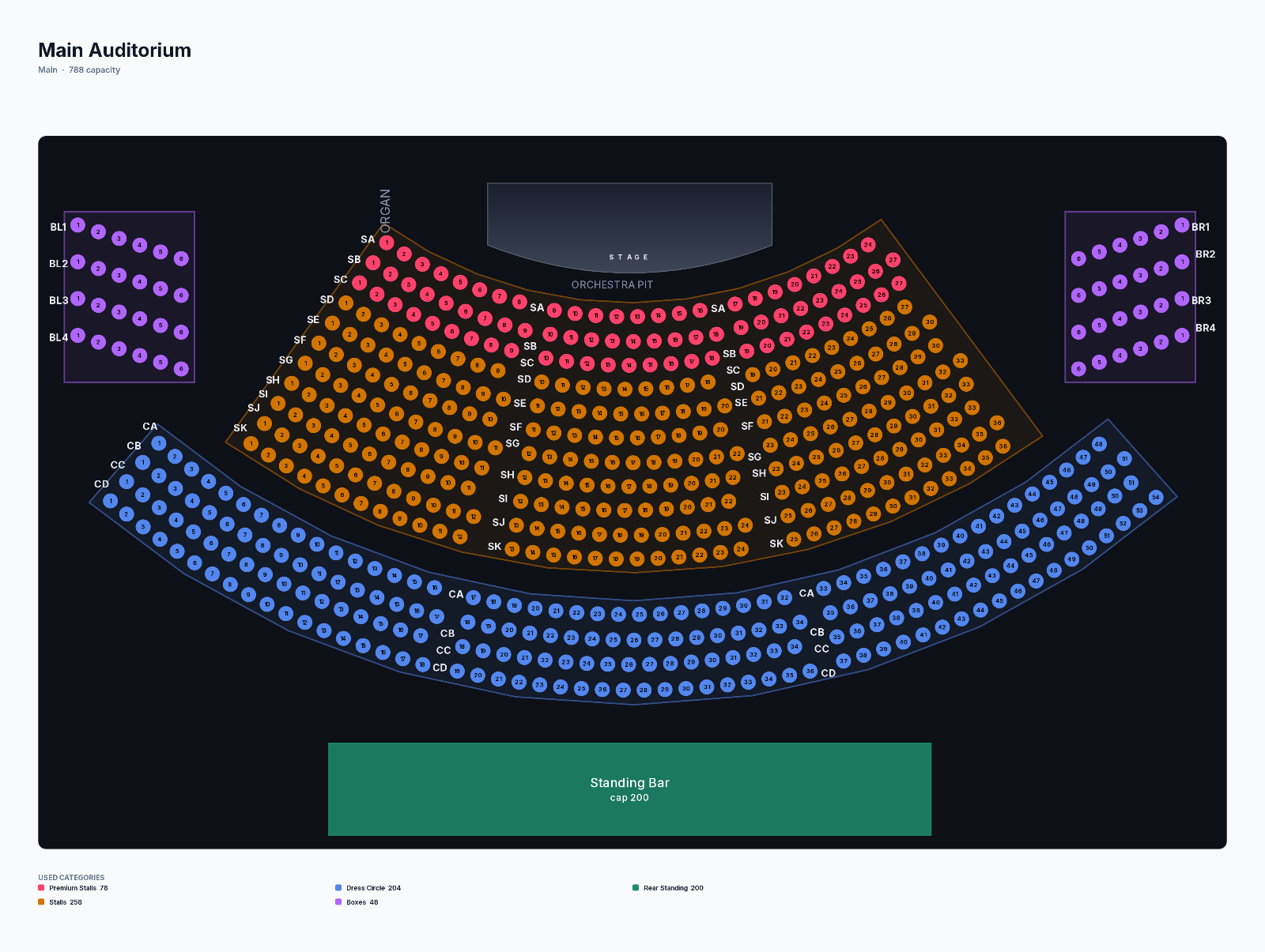 Finished theatre seating chart exported from the free maker as PNG, with curved rows, sections, labels and legend