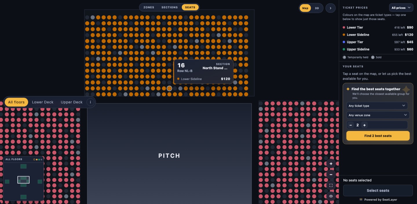 Stadium seating chart in the SeatLayer buyer picker, showing lower and upper deck seats coloured by ticket type around the pitch with a live seat tooltip