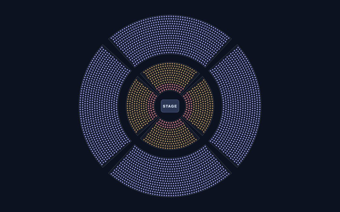 In-the-Round Arena seating chart template, 2D map