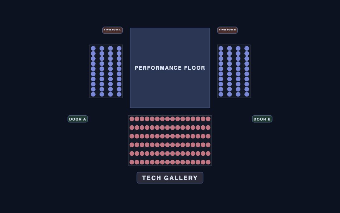 Black Box Theatre seating chart template, 2D map