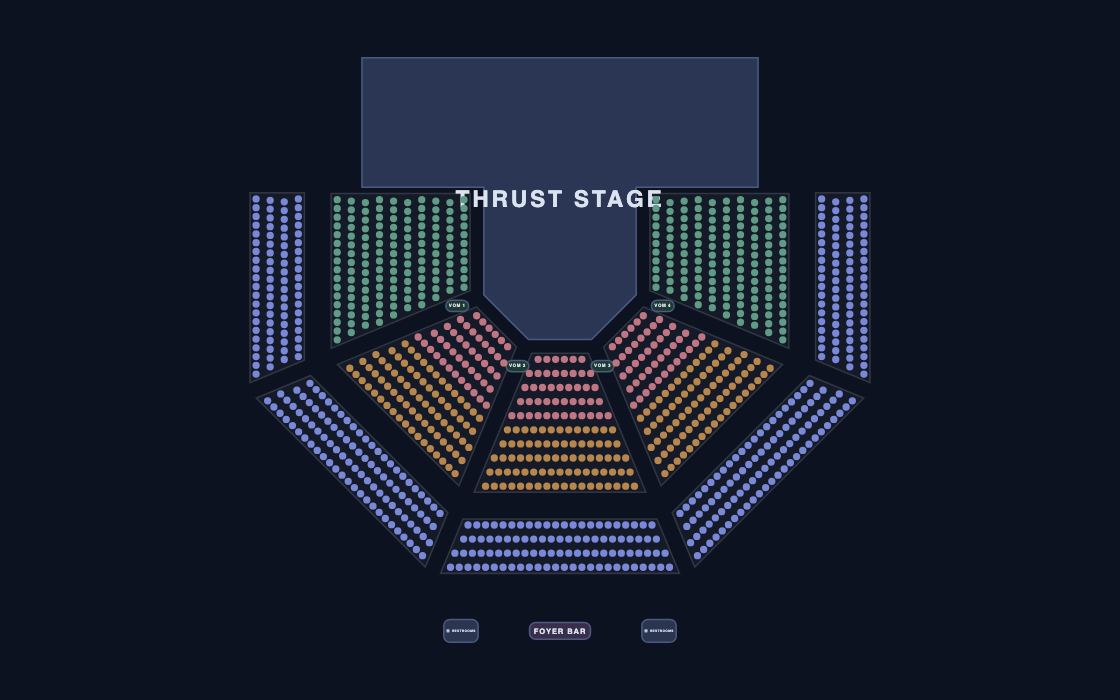 Thrust Stage Theatre seating chart template, 2D map