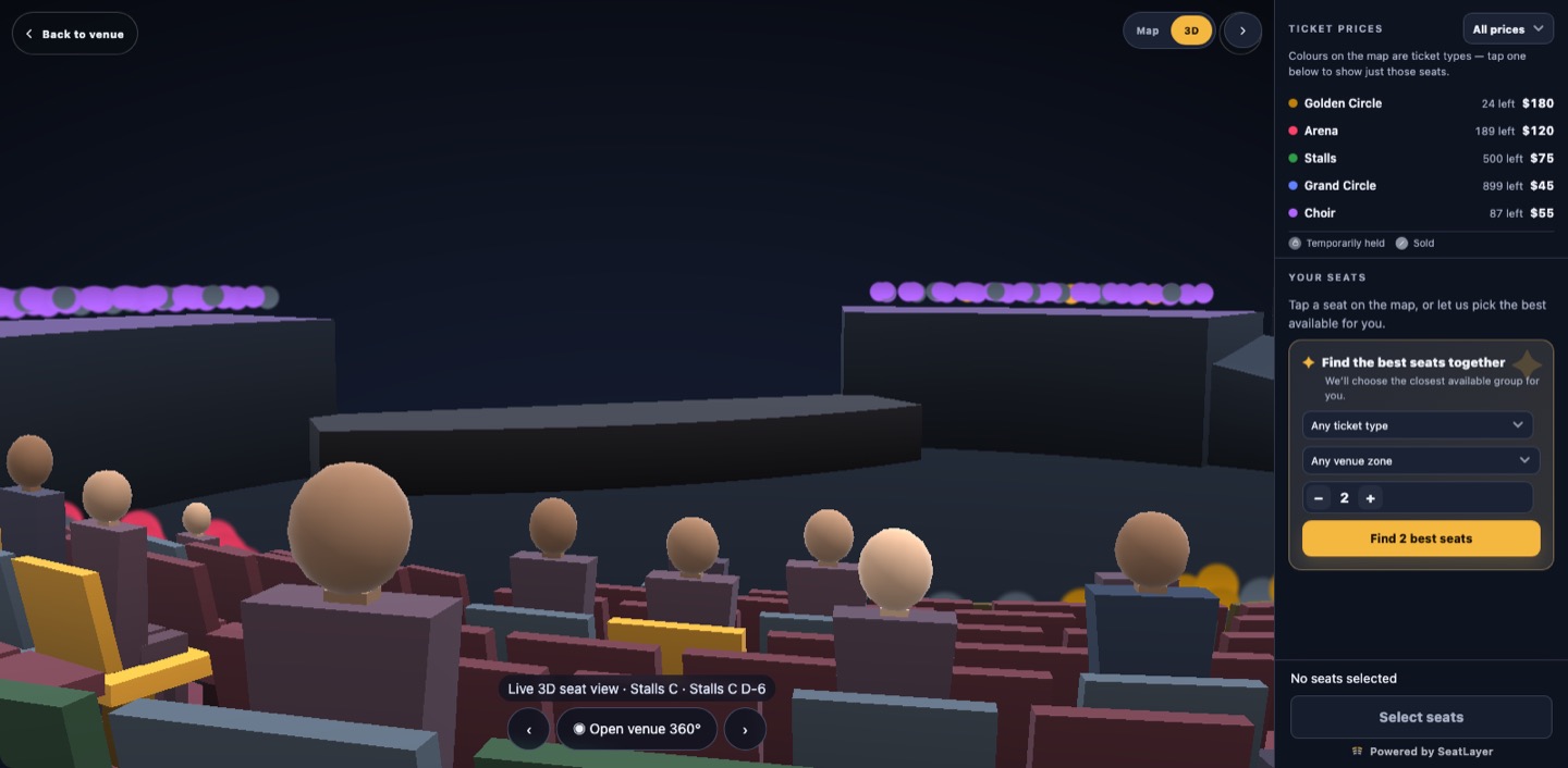 A 3D ticketing view from a theatre stalls seat, looking over other spectators towards the stage with the seat label Stalls C D-6 shown